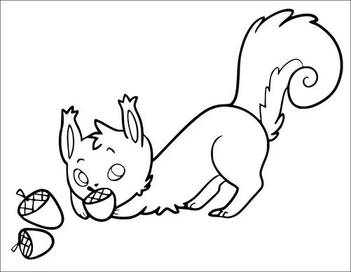 Ein verspieltes Eichhörnchen mit buschigem Schwanz hält eine Eichel in seinen Vorderpfoten, während es auf seinen Hinterbeinen steht. Zwei weitere Eicheln liegen in der Nähe auf dem Boden. Die großen, ausdrucksstarken Augen des Eichhörnchens verleihen ihm ein neugieriges Aussehen.