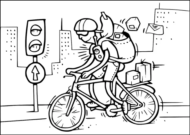Ein Radfahrer mit Helm fährt durch die Stadt und trägt einen großen Rucksack voller Pakete. Im Hintergrund sind eine Ampel und hohe Gebäude zu sehen. Der Radfahrer konzentriert sich darauf, vorwärts zu kommen, was durch Bewegungslinien dargestellt wird. Verschiedene Pakete sind so dargestellt, als ob sie sich bewegen würden, was auf Liefer- oder Kurierarbeit hindeutet.