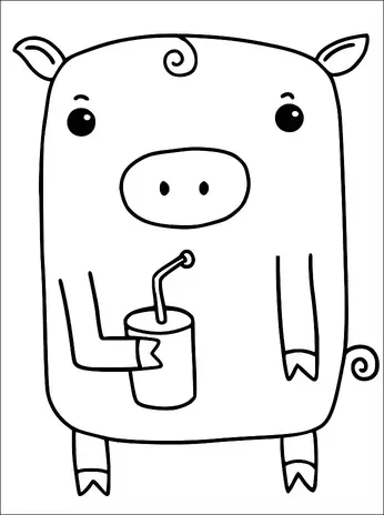 Ein quadratisch geformtes Schwein mit lockigen Ohren und einem lockigen Schwanz hält eine Tasse mit einem Strohhalm. Das Schwein hat zwei kleine Augen und eine Schnauze, seine einfachen Merkmale lassen es freundlich erscheinen. Es steht aufrecht auf zwei Beinen. Der Ausdruck des Schweins ist neutral und zufrieden.