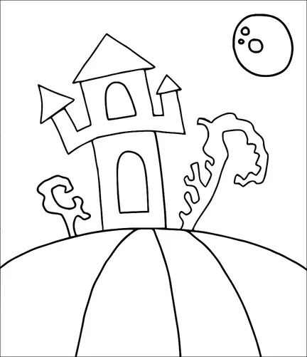 Ein schiefes Haus mit Türmen sitzt auf einem Hügel, begleitet von verdrehten Bäumen auf beiden Seiten. Ein großer Mond mit Kratern ist am Himmel sichtbar. Der Weg, der zum Haus führt, ist im Vordergrund prominent dargestellt. Die Szene vermittelt eine mystische oder unheimliche Atmosphäre.