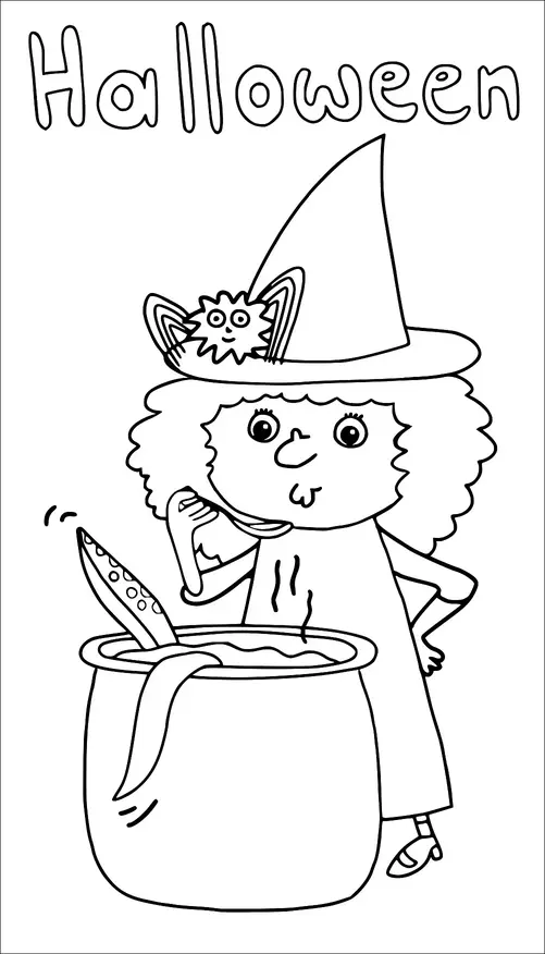 Eine junge Hexe mit lockigem Haar trägt einen spitzen Hut mit einer kleinen Kreatur darauf. Sie steht neben einem großen Kessel mit brodelnder Flüssigkeit und hält einen Löffel. Über ihr steht das Wort "Halloween" in fetten Buchstaben geschrieben.