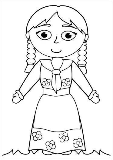 Eine Figur mit geflochtenen Haaren steht mit einem freundlichen Ausdruck und trägt ein Kleid, das mit Blumen verziert ist. Das Kleid hat einen einfachen Kragen und lange Ärmel, und die Figur steht auf einem einfachen Untergrund mit gezackten Rändern. Die Augen der Figur sind groß und ausdrucksstark, und ihre Hände sind zur Seite ausgestreckt.