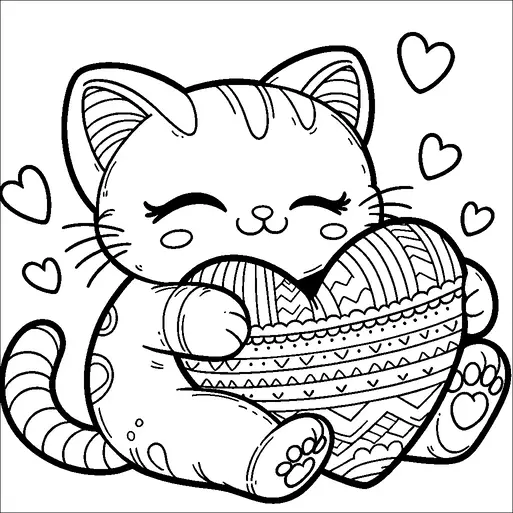 Eine süße Cartoon-Katze sitzt und hält ein großes, kunstvoll gemustertes Herz. Die Katze hat einen freudigen Ausdruck, mit geschlossenen Augen und einem breiten Lächeln. Um die Katze herum befinden sich mehrere kleinere Herzen, die einen charmanten Touch hinzufügen. Das Bild strahlt ein Gefühl von Glück und Liebe aus.