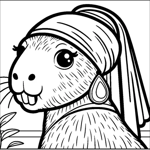 Eine skurrile Szene zeigt ein Capybara, das ähnlich wie das Gemälde "Mädchen mit dem Perlenohrring" gestaltet ist. Das Capybara trägt ein Kopftuch und einen großen tropfenförmigen Ohrring. Sein Ausdruck ist gelassen, mit großen Augen und auffälligen Zähnen. In der linken unteren Ecke befindet sich eine kleine Pflanze.