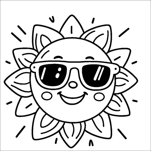 Ein fröhlicher Sonnencharakter trägt eine Sonnenbrille und lächelt breit. Die Sonnenstrahlen sind mit kleinen, geschwungenen Linien um das Gesicht stilisiert und die Sonne selbst hat einen freundlichen Ausdruck mit rosigen Wangen. Der äußere Teil der Sonne ist mit blütenblattähnlichen Formen verziert. Schwarze Konturen heben die Designelemente hervor.