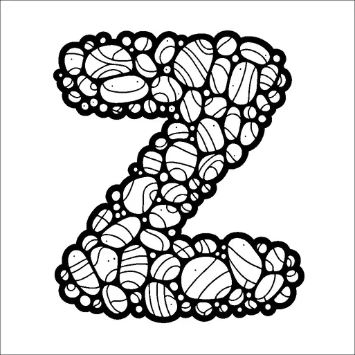 Der kühn umrissene Buchstabe "Z" besteht aus verschiedenen Kieseln und Steinen, jeder mit einzigartigen Mustern und Designs. Die Anordnung ist komplex und verleiht dem Buchstaben ein strukturiertes und organisches Aussehen. Einige Steine haben Streifen, während andere schlicht sind, was für ein abwechslungsreiches Aussehen sorgt. Die Gesamtwirkung ist eine natürliche, harmonische Komposition.