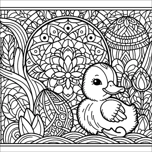 Ein fröhliches Entenküken befindet sich vor einem lebendigen Hintergrund mit komplexen floralen und geometrischen Mustern. Der Hintergrund zeigt blühende Blumen, Wellen und kreisförmige Designs, die Tiefe und Komplexität verleihen. Der Ausdruck des Entenkükens ist freundlich und liebenswert und lenkt die Aufmerksamkeit auf sein flauschiges Aussehen. Umgebende Details wie Blätter und Blütenblätter tragen zur natürlichen und verspielten Atmosphäre der Szene bei.