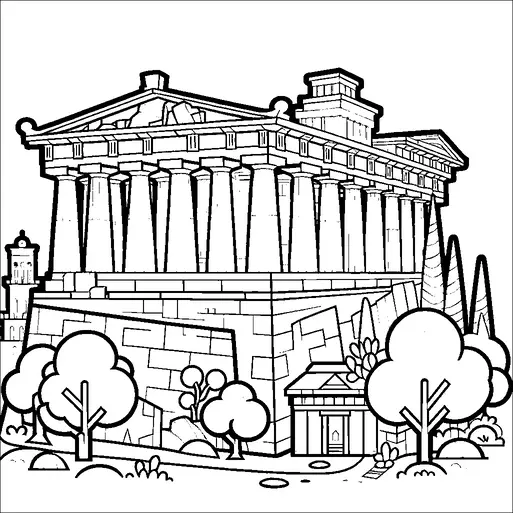 Ein klassischer griechischer Tempel mit hohen Säulen steht prominent auf einem felsigen Fundament. Um den Tempel herum befinden sich üppige Bäume und Sträucher, die der Szene einen Hauch von Natur verleihen. Die architektonischen Details umfassen ein dreieckiges Giebelfeld und eine Reihe von Stufen, die zum Eingang führen. Im Hintergrund sind andere Gebäude und Türme zu sehen, die zu einer historischen und antiken Atmosphäre beitragen.