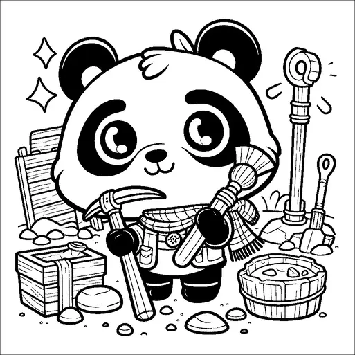 Ein süßer Pandabär ist als Archäologe verkleidet und hält Werkzeuge wie eine Spitzhacke und eine Bürste in der Hand. Die Szene spielt im Freien, mit einem Eimer und verschiedenen Ausgrabungswerkzeugen, die umher verstreut sind. Im Hintergrund sind Felsen und eine Holzkiste zu sehen, die das Ausgrabungsthema betonen. Der Panda hat einen fröhlichen Ausdruck, der dem archäologischen Setting ein spielerisches Element hinzufügt.