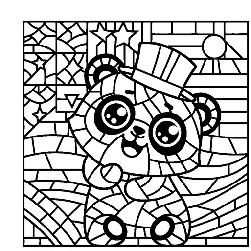 Ein fröhlicher Cartoon-Panda mit großen Augen und einem breiten Lächeln trägt einen Zylinder. Der Hintergrund besteht aus geometrischen Formen, Sternen und einer Sonne. Der Panda wirkt verspielt und charmant, sitzt mit erhobenen Vorderpfoten. Die Komposition beinhaltet ein stilisiertes, flaggenähnliches Muster hinter dem Panda.