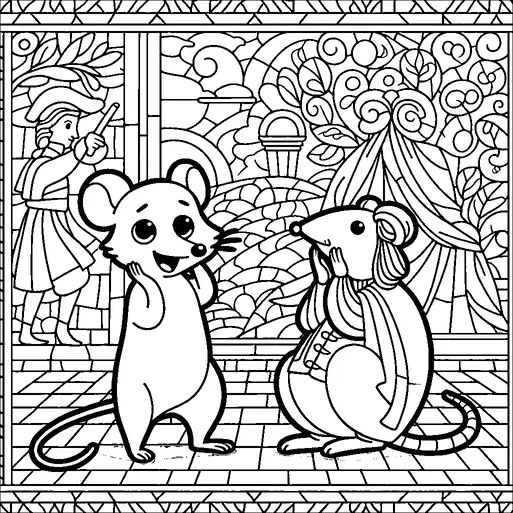 Zwei Cartoon-Mäuse stehen zusammen und scheinen in ein Gespräch mit überraschten Gesichtsausdrücken verwickelt zu sein. Der Hintergrund zeigt komplexe Muster aus Blättern, Wolken und einem Zelt, was auf eine verspielte Umgebung hindeutet. Im Hintergrund ist ein Handwerker in traditioneller Kleidung zu sehen, der möglicherweise malt. Die Szene erfasst einen Moment der Interaktion zwischen den Mäusen in einer lebhaften und fantasievollen Umgebung.