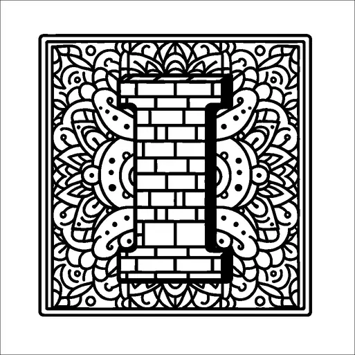 Ein großer, komplizierter Buchstabe "I" ist mit detaillierten ziegelartigen Mustern in seinem Design verziert. Um den Buchstaben herum befindet sich ein komplexes Blumen- und Paisley-ähnliches Motiv, das den Hintergrund ausfüllt. Dieses aufwendige Design ist in einen quadratischen Rahmen gesetzt, der Eleganz und Detailgenauigkeit vermittelt. Das Zusammenspiel von geometrischen und organischen Elementen schafft ein visuell ansprechendes Muster.