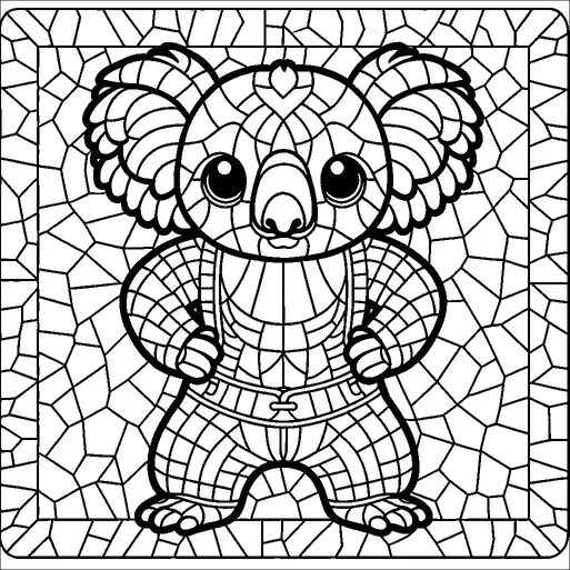 Ein Koala steht im Zentrum, trägt Latzhosen und zeigt einen freundlichen Ausdruck. Der Hintergrund besteht aus einem Mosaikmuster mit geometrischen Formen. Die großen Augen und flauschigen Ohren des Koalas tragen zu seinem liebenswerten Aussehen bei. Der quadratische Rahmen um den Koala betont weiterhin seine zentrale Position im Design.