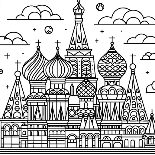 Diese Illustration zeigt die ikonische Architektur der Basilius-Kathedrale mit ihren markanten Zwiebeltürmen. Die Kuppeln sind mit verschiedenen Mustern verziert, die ihre einzigartigen Formen hervorheben. Flauschige Wolken und stilisierte Elemente umgeben die Kathedrale und tragen zum dekorativen Thema bei. Ein Gefühl von Symmetrie und Detailgenauigkeit ist in dem komplexen Design der architektonischen Elemente erkennbar.