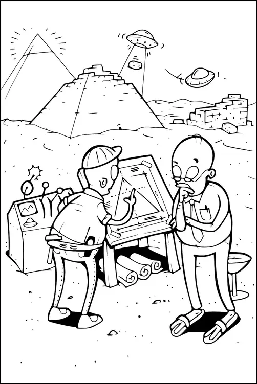 Two men are standing in a desert near pyramids, examining a design on a drafting table. One man wears a hard hat and points at the paper, while the other man, wearing glasses, contemplates the design. UFOs are hovering in the sky, with one beaming a block to the pyramid. Nearby, an electronic device with antennas is placed on a chair.