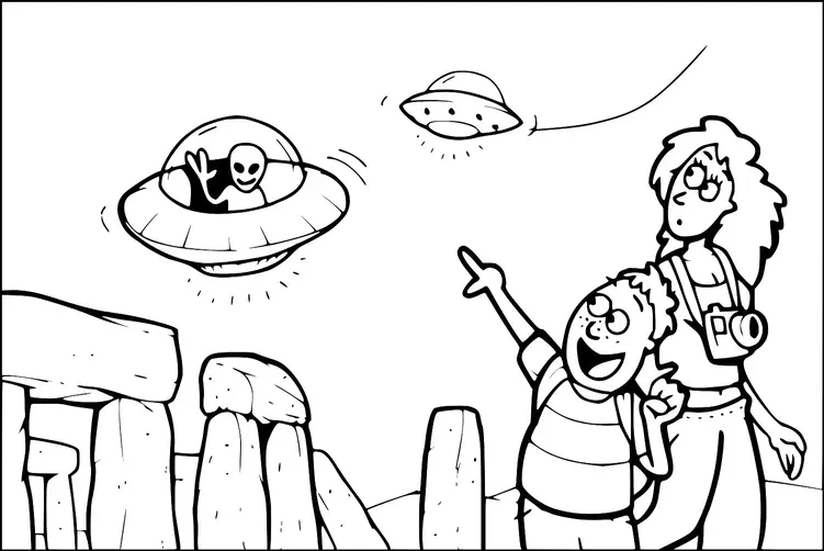 Two people stand near Stonehenge, surprised as they observe flying saucers above. One saucer has an alien waving from inside while another hovers nearby. The child points excitedly, while the adult looks in awe, holding a camera. The scene combines elements of historical architecture and extraterrestrial life.