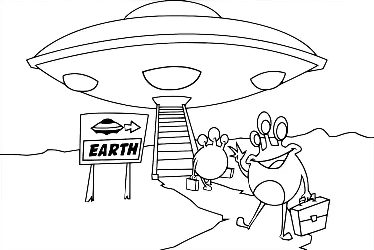 A large UFO is parked with a staircase leading to the ground, where two aliens with suitcases are departing. One alien waves happily while the other heads toward a path marked by a sign labeled "Earth" with an arrow and a UFO symbol. The scene suggests the aliens are on a cheerful trip to Earth. The background is barren, indicating an alien landscape before their journey.