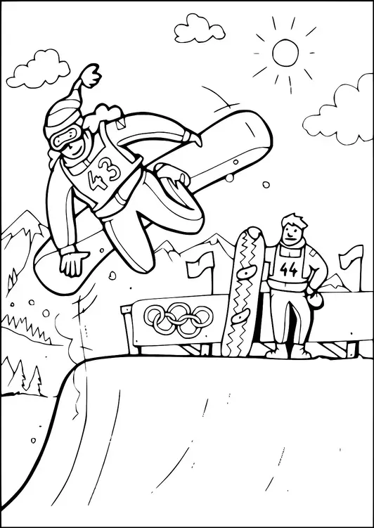 A snowboarder performs a jump on a half-pipe, with a bystander holding a snowboard in the background. The scene includes a backdrop of mountains and a bright sun. An Olympic symbol is visible on a banner. Flags are positioned around the area.