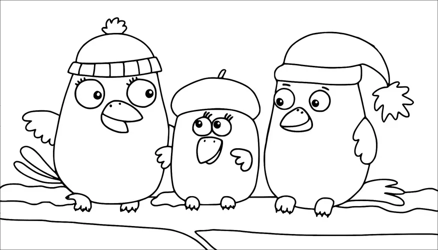 Three cartoon birds wearing winter hats are sitting together on a snowy branch. The birds have big eyes and expressive faces, appearing cheerful and friendly. The bird on the left wears a pom-pom hat, the middle bird has a simple beanie, and the right one sports a Santa-style hat. The background is minimal, emphasizing the birds' interaction.