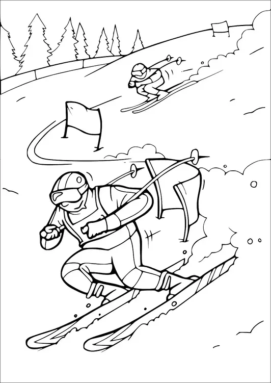 Two skiers race downhill on a snowy slope. They navigate through a slalom course marked by flags. Tall pine trees line the background, indicating a mountainous terrain. Both skiers are in dynamic, fast-paced positions, wearing helmets and ski gear.