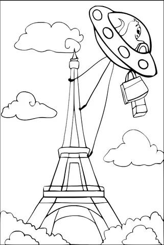 A UFO is hovering over the Eiffel Tower, with an alien inside holding shopping bags. The spaceship is connected to the top of the tower with cables. Clouds fill the sky around the iconic structure. The scene combines elements of science fiction with a famous landmark.