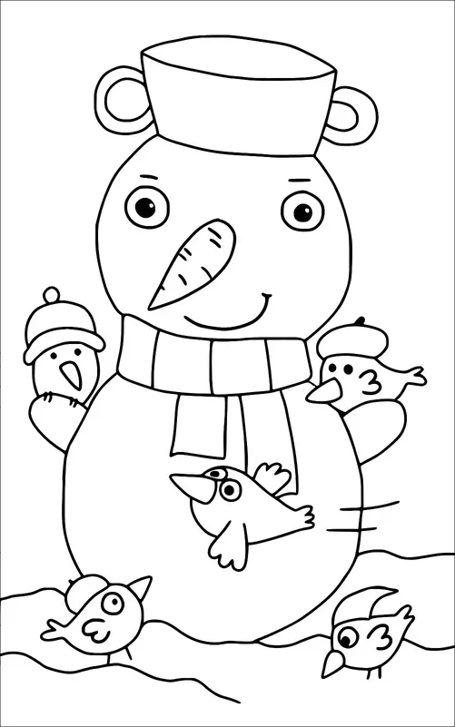 A cheerful snowman with a carrot nose and a cup for a hat is surrounded by five birds wearing winter hats. The snowman is wearing a scarf and appears to be smiling. The birds are scattered around the snowman, some perched on him and others in the snow. The scene is set in a snowy landscape.