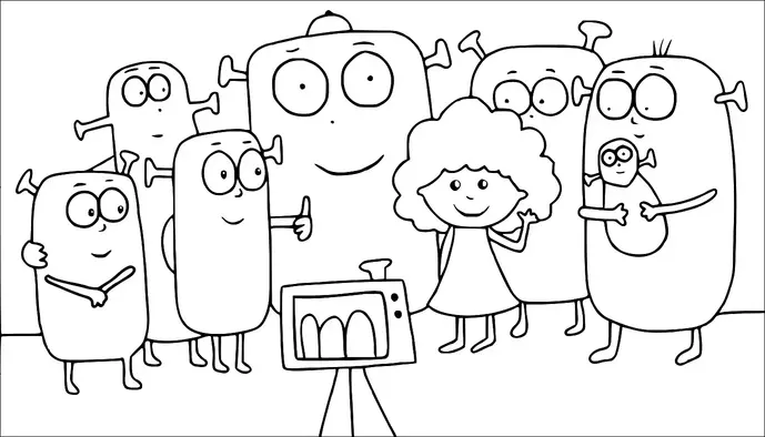 A group of cartoonish aliens poses happily in front of a camera on a tripod. One alien holds a baby, while a curly-haired girl stands among them. They appear cheerful and are giving thumbs up. The camera is capturing their group photo.