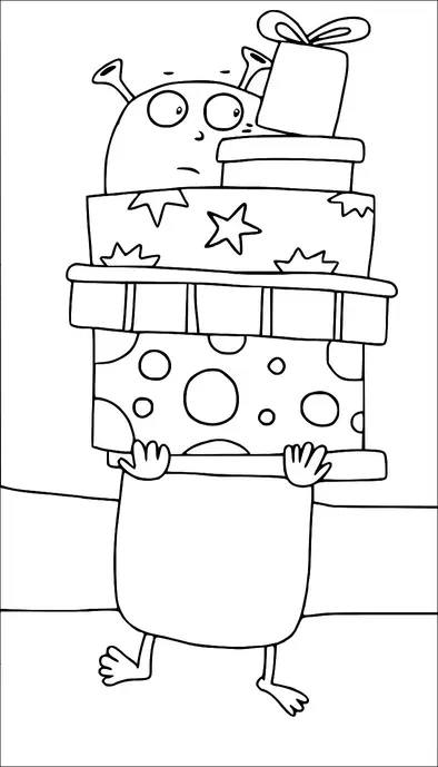 An alien is balancing a stack of four large, decorated gift boxes. The gifts are adorned with stars and circular patterns. The alien appears to be struggling to keep the gifts steady. It has antennae and a surprised expression.