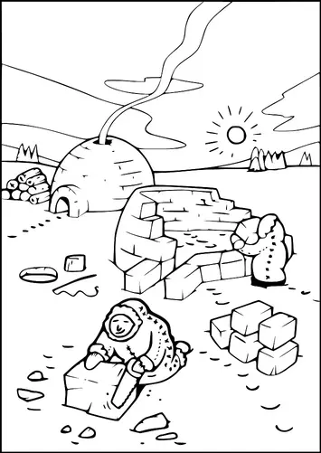 Two people in winter clothing are constructing an igloo using blocks of ice. Another completed igloo can be seen in the background with smoke rising from it, indicating warmth or cooking inside. The sun is shining in the sky, and there are piles of logs nearby. The landscape is snowy and open with a few distant trees.