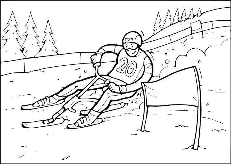 A skier wearing a helmet and numbered jersey navigates a sharp turn on a snowy slope. The skier is riding a sit-ski, indicating adaptive skiing. Snow-covered trees line the background, completing the wintry scene. A flag marks a racing gate on the course.