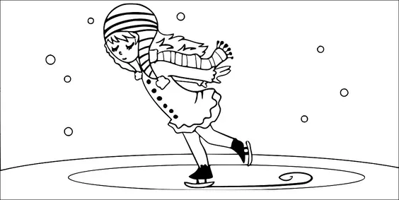 A young girl is ice skating gracefully on a rink, surrounded by falling snowflakes. She wears a striped hat and scarf, along with a coat adorned with buttons. Her hands are tucked behind her back, and she seems to be enjoying the winter scene. The swirling marks on the ice show her skating path.