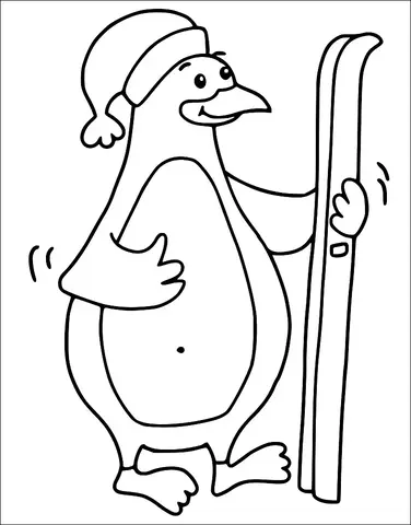 A happy penguin is depicted wearing a winter hat and holding a ski. The penguin has a cheerful expression, indicating excitement or joy. Its flippers are positioned playfully, and it stands upright on two feet. Its large rounded belly and beak are distinctive features.