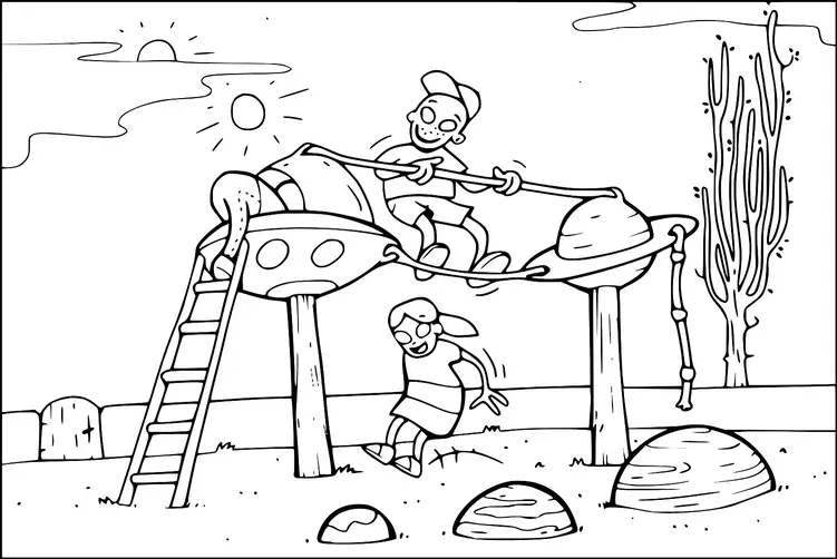 Two children are playing on a spaceship-themed playground structure. One child is standing on top of the structure holding a railing, while the other is joyfully jumping off. The setting is outdoors with a sunny sky, a few clouds, and some stylized hills and trees in the background. There are rock-like elements scattered on the ground beneath the play structure.