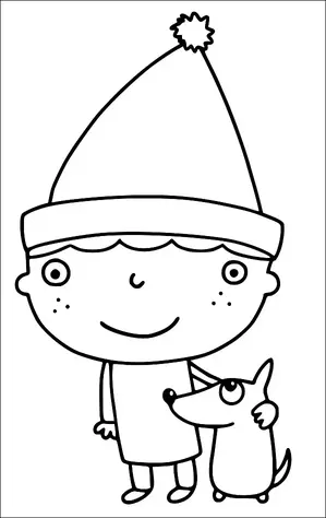 A smiling child wearing a pointed hat with a pom-pom stands next to a small dog. The child has round cheeks and freckles. The dog looks up at the child with a friendly expression. Both characters appear to be standing closely together.