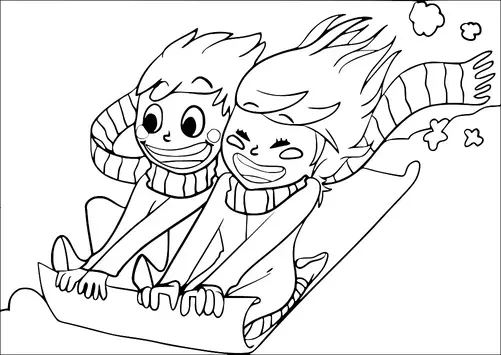 Two children are joyfully sledding down a hill, wearing striped scarves. Their expressions show excitement and adventure. Snowflakes are depicted around them, capturing the fun of a winter day. They hold onto the sled tightly as they glide downhill.