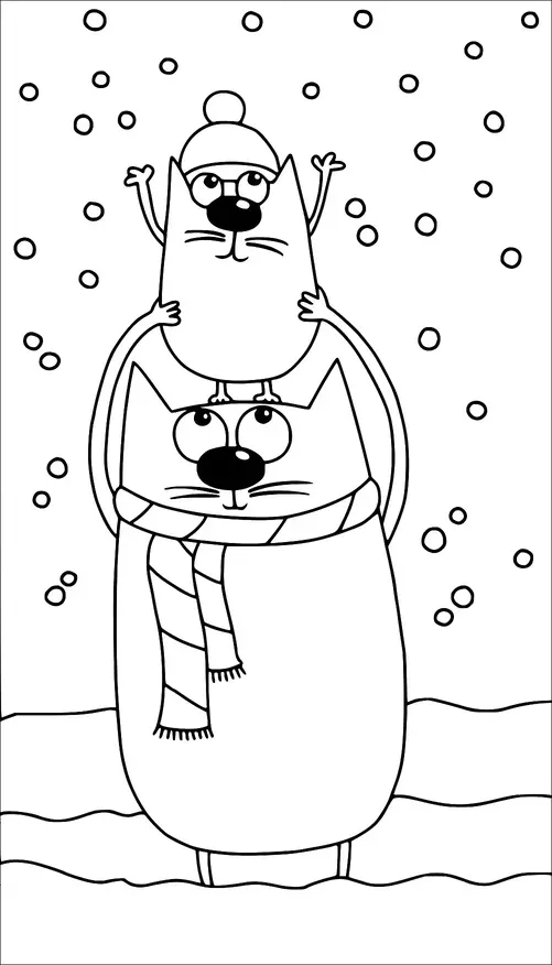 Two cats are depicted in a snowy scene, one sitting on the other's shoulders. The bottom cat wears a scarf, while the top cat sports a winter hat with a pom-pom. Snowflakes fall around them as they gaze upwards. The ground is covered with wavy lines representing snow.