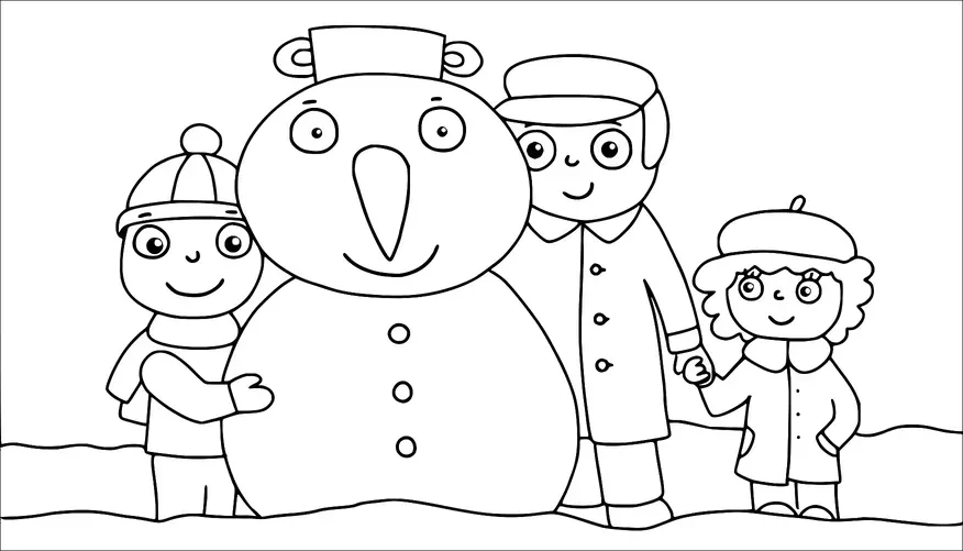 A snowman with a broad smile is flanked by three children dressed in winter clothing. One child is hugging the snowman, while the other two are standing closely, holding hands. The snowman is wearing a small hat, and all characters are happily posed in a snowy scene. The children are wearing hats and winter jackets.