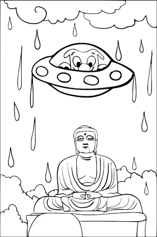 A Buddha statue sits peacefully on a cloud beneath a rainy sky. Above, a UFO with a cartoon character is hovering. Large raindrops are falling around the statue. The scene combines elements of tranquility and whimsy.