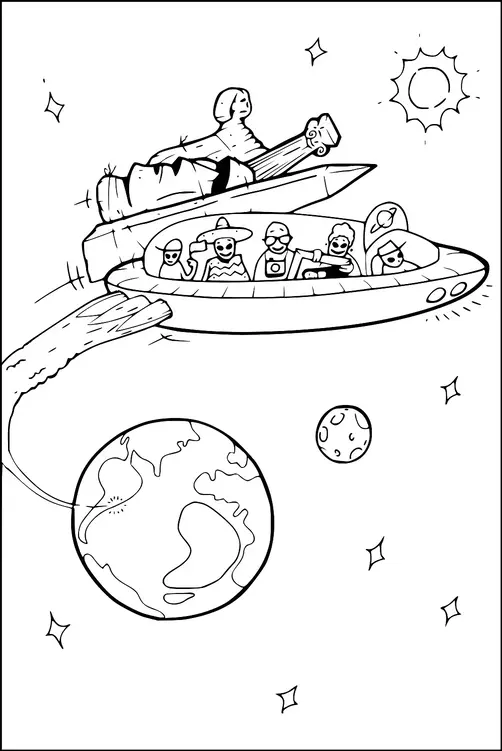 A group of people is flying a spaceship through space, with Earth and the moon visible in the background. The spaceship is drawn in a playful manner, and the passengers have different characteristic hats and accessories. Above the spaceship, a classical Greek sculpture figure is humorously depicted as a passenger. Stars and the sun are scattered across the starry backdrop.