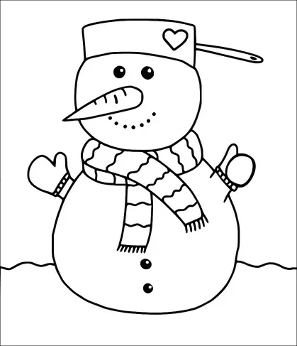 A cheerful snowman is wearing a scarf and mittens, with a carrot nose and a hat adorned with a heart. The snowman has button eyes and dots for its mouth, and it stands on a snowy landscape. The hat has a brim with a small tail sticking out from the side. Its arms are raised, giving a friendly appearance.