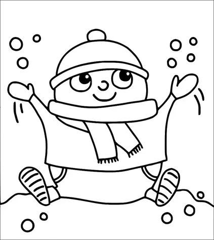 A character wearing a winter hat and scarf is joyfully sitting in the snow. They have a cheerful expression and are tossing snowballs into the air. The background is simple, focusing on the character and snow. The scene conveys a playful winter moment.