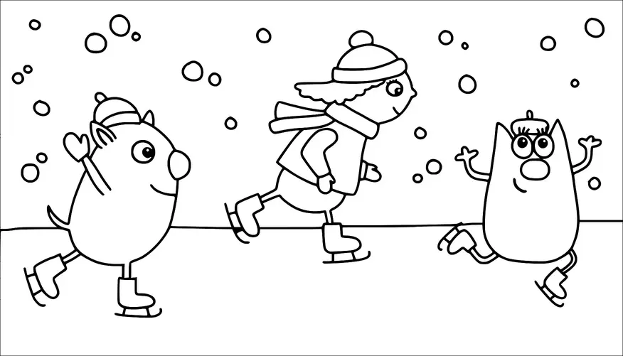 A child wearing winter clothing and two cartoon monsters are ice skating joyfully in a snowy setting. They all have skates on and appear to be enjoying the activity. Snowflakes are falling around them, adding to the wintry atmosphere. Each character has unique features, including hats and facial expressions.