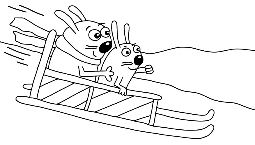 Two cartoon rabbits are riding a sled down a snowy hill. The larger rabbit is sitting behind the smaller one, holding on tightly with an excited expression. Both rabbits have their ears flying back due to the speed. The landscape in the background is simple and suggests motion.