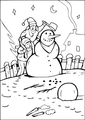 Two people are playfully building a snowman in a snowy backyard. A crescent moon and stars are visible in the clear night sky, and a cozy house with smoke coming from the chimney is in the background. The snowman is partially built, with one person adding a hat to its head. Carrots and sticks lie in the snow, ready to be used for decoration.