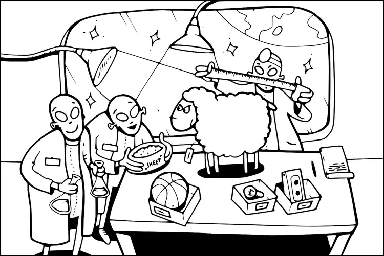 Aliens in lab coats stand in a laboratory conducting experiments on a sheep. One alien holds a bowl labeled "SHEEP," while another measures the sheep with a ruler. The table features boxes labeled with various items like a basketball and a bone. A cosmic scene with stars is visible outside the window.