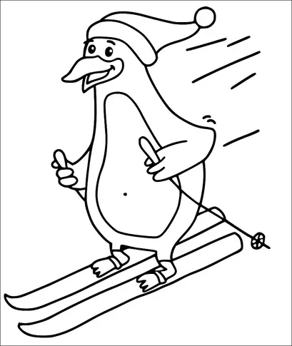 A penguin is skiing downhill, wearing a winter hat with a pom-pom on top. It is holding ski poles in each flipper and has a cheerful expression. The lines behind indicate movement, suggesting speed as it goes down the slope.