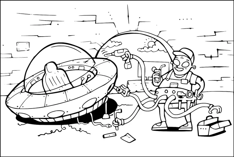 A person is happily repairing a flying saucer using a variety of tools, with the alien pilot inside the craft. The scene takes place in an area with a brick wall and what appears to be a dome with a sky view. A toolbox lies nearby, contributing to the mechanical theme. The setting suggests a blend of science fiction elements and everyday repairs.