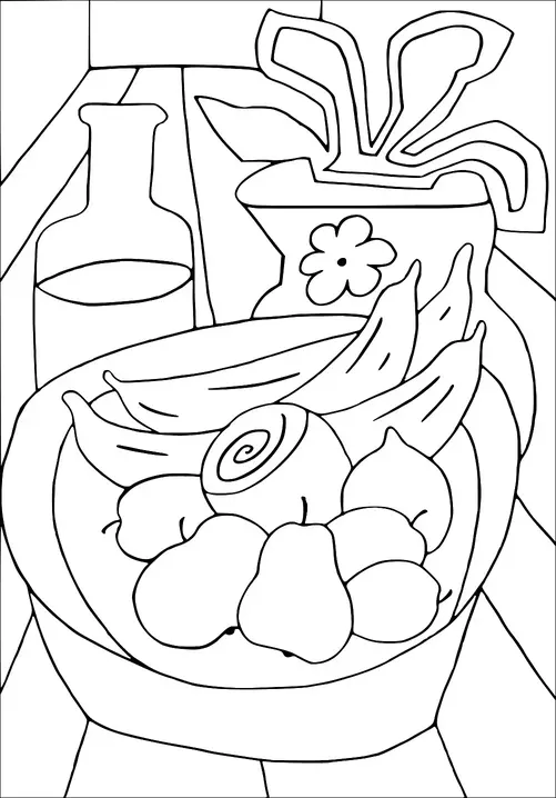 A bowl of fruit, including bananas, pears, and a rolled bun, is placed on a table. A vase with flowers and a bottle are arranged behind the bowl. The table has a patterned surface. The arrangement appears indoors, possibly on a wooden table.