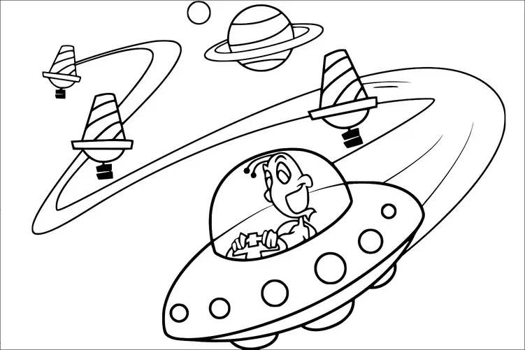 An alien is happily piloting a UFO through outer space, surrounded by multiple planets and floating spacecraft. The scene includes rings around the planets, adding to the cosmic atmosphere. The alien seems to be enjoying the journey, with a visible smile. The distant planets include ringed planets and other celestial bodies.