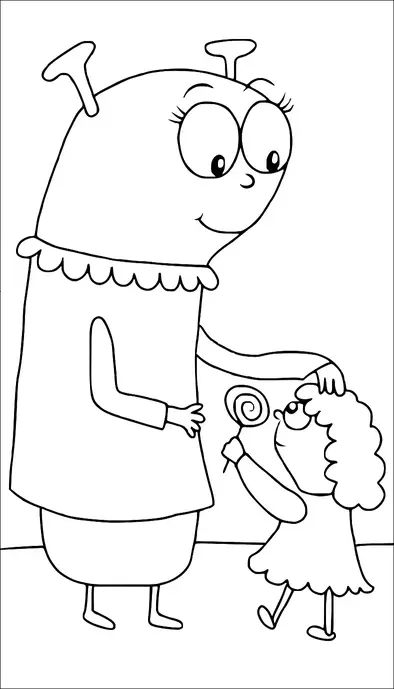 A large, friendly alien with antennae and big eyes is interacting with a small child holding a lollipop. The alien is bending down slightly, and the child is looking up at it with a smile. Both characters seem happy and engaged in a pleasant interaction. The scene suggests a whimsical and friendly encounter between different beings.